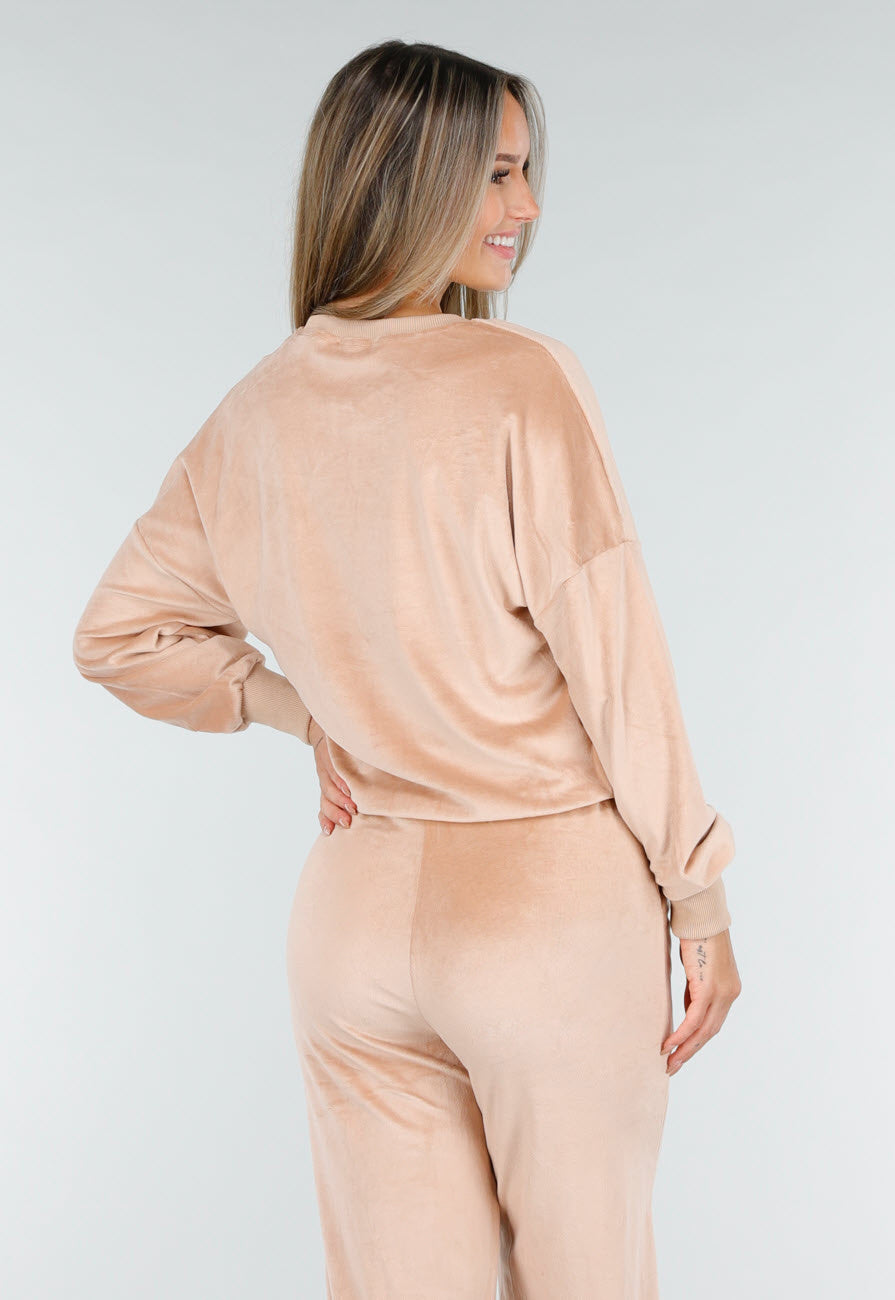 Roze Velours Joggingpak met Lange Mouwen en Wijde Broek