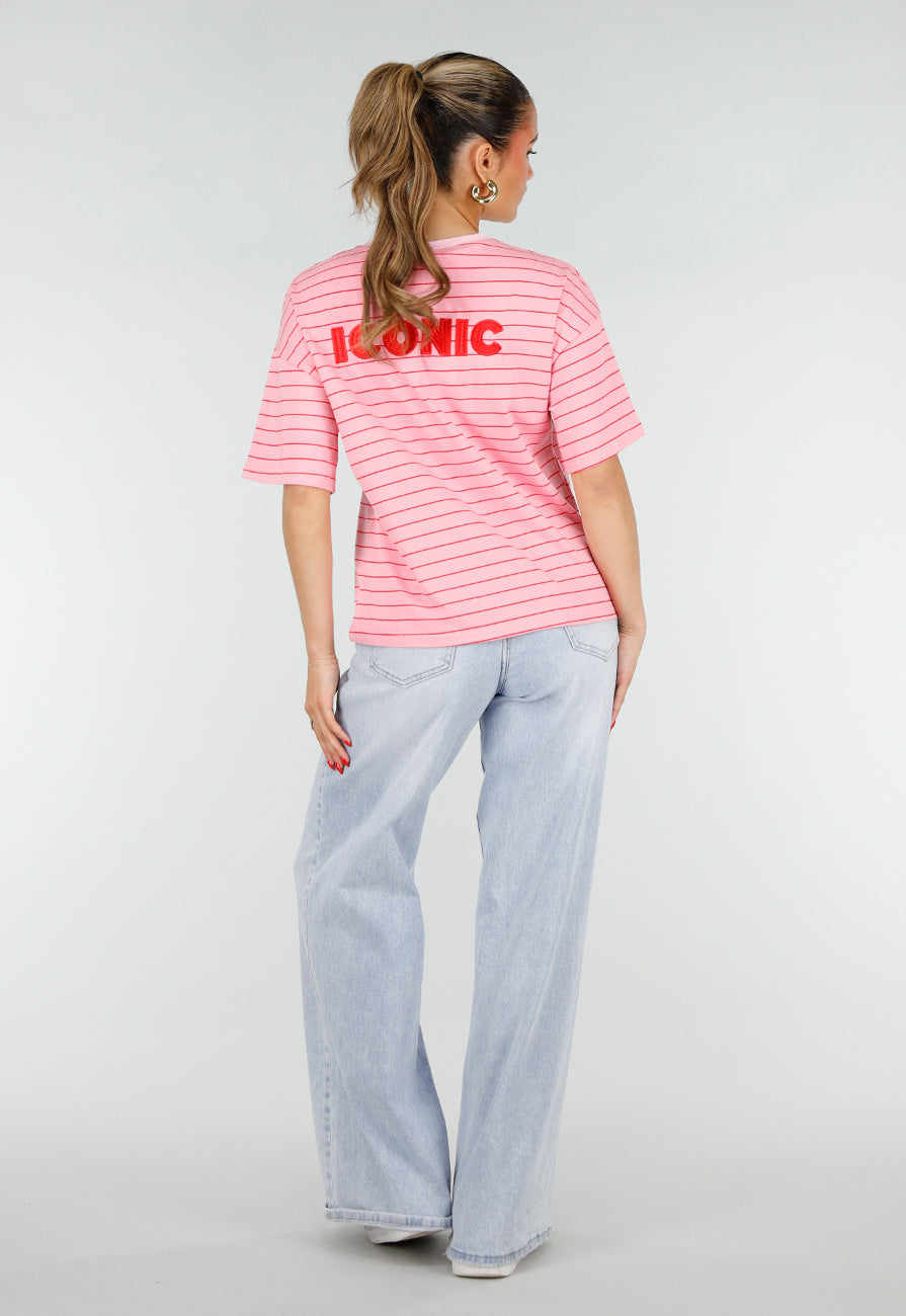 Roze Gestreept Katoenen T-Shirt met Korte Mouwen