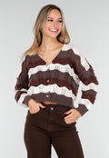 Bruin-Beige Gebreid Vest met Golvende Strepen en Hartvormige Knopen