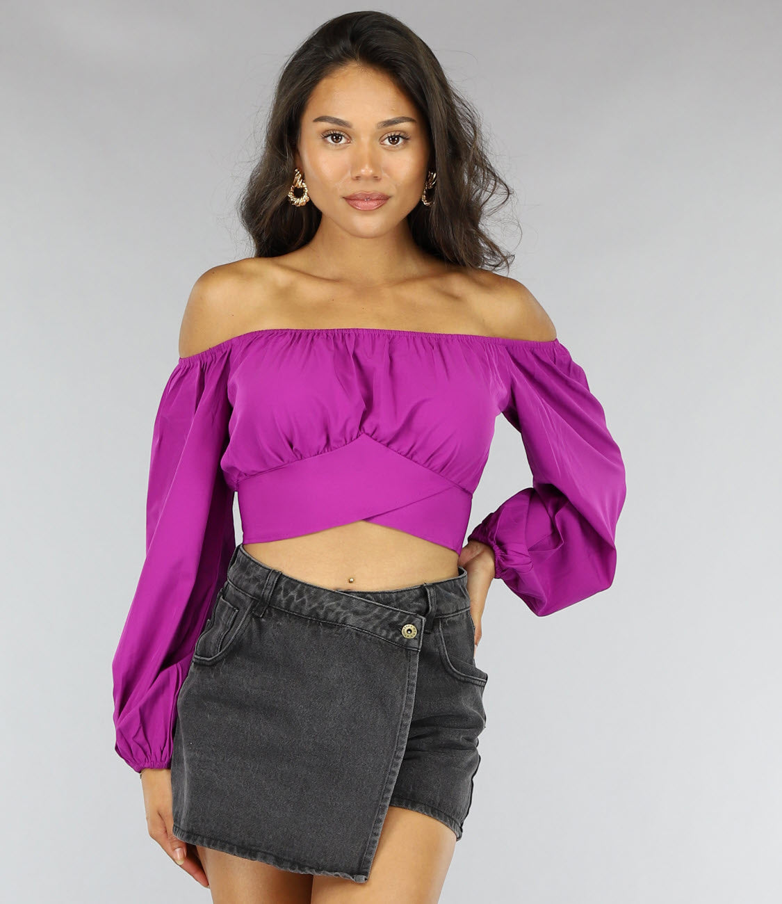 Paars Off Shoulder Topje met Pofmouwen