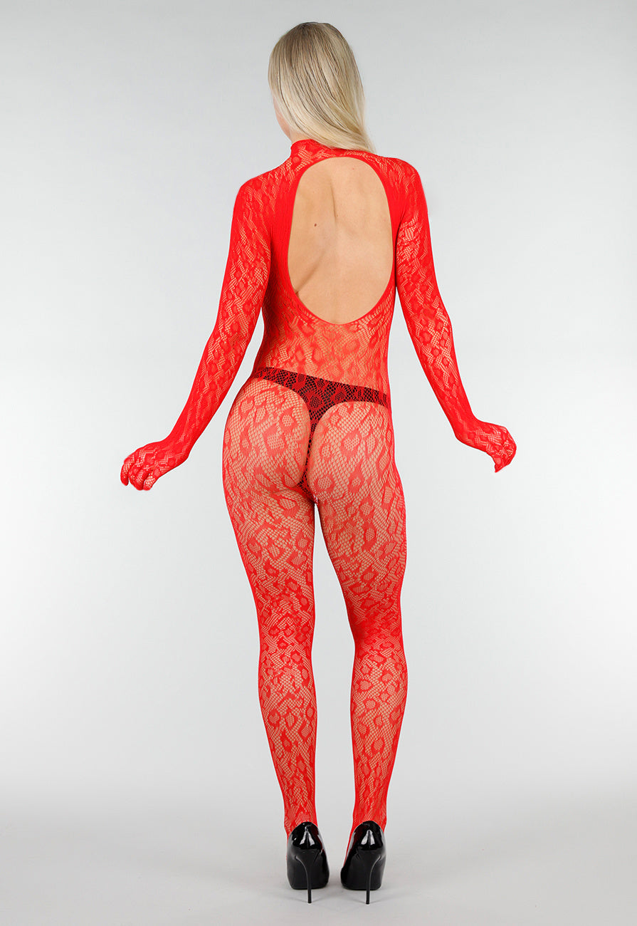 Rode Mesh Bodystocking met Open Rug en Stretch
