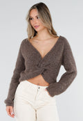 Bruine Gebreide Twist Crop Trui met Lange Mouwen en V-Hals