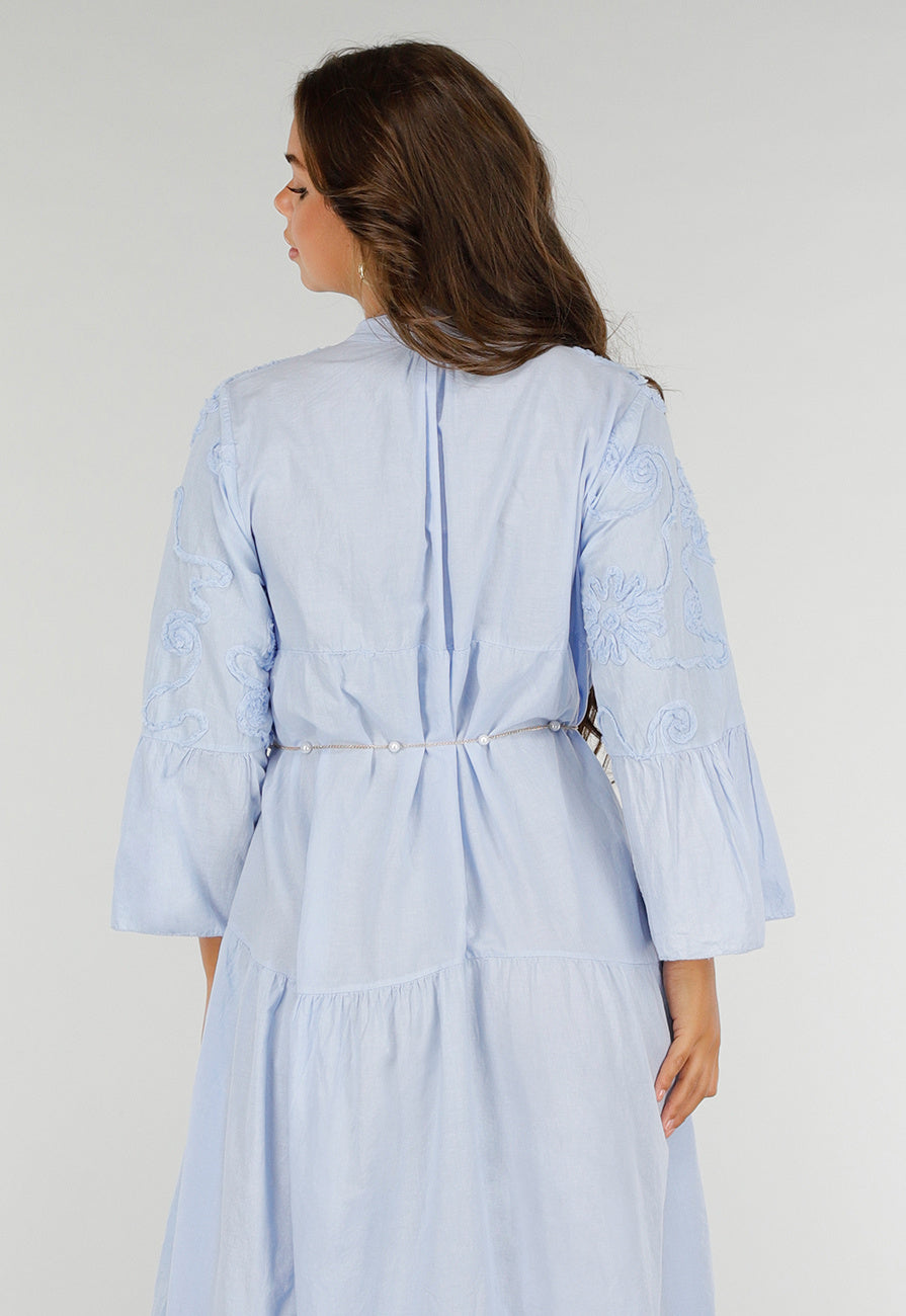 Lichtblauwe Katoenen Maxi-Jurk met Borduursels en Knopen