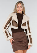 Korte Bruine Lederlook Jas met Imitatiebont