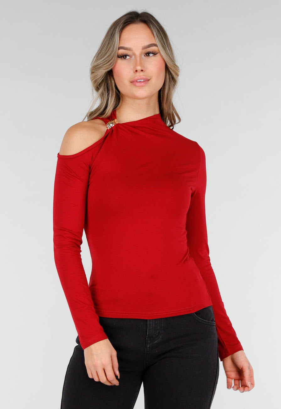 Bordeauxrode One Shoulder Top met Lange Mouwen