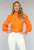 Oranje Blouse met Pofmouwen en Strikdetail