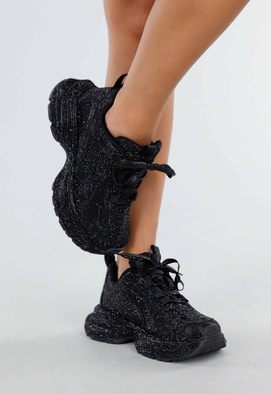Zwarte Glitter Sneakers met Chunky Zool
