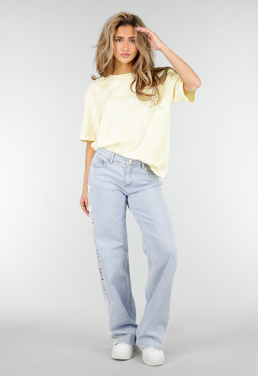 Lichtblauwe Denim Wide Leg Jeans met Kant en Stretch