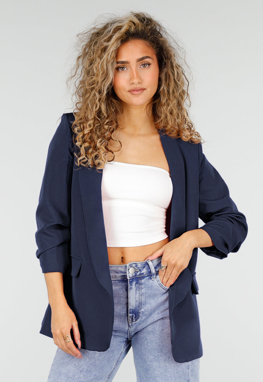 Marine Blauwe Blazer met Geplooide Driekwart Mouwen