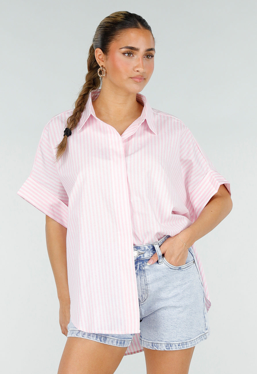 Roze Gestreepte Blouse met Korte Mouwen en Knoopsluiting