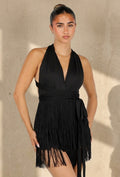 Zwarte Halter Playsuit met Franjes en Strikceintuur