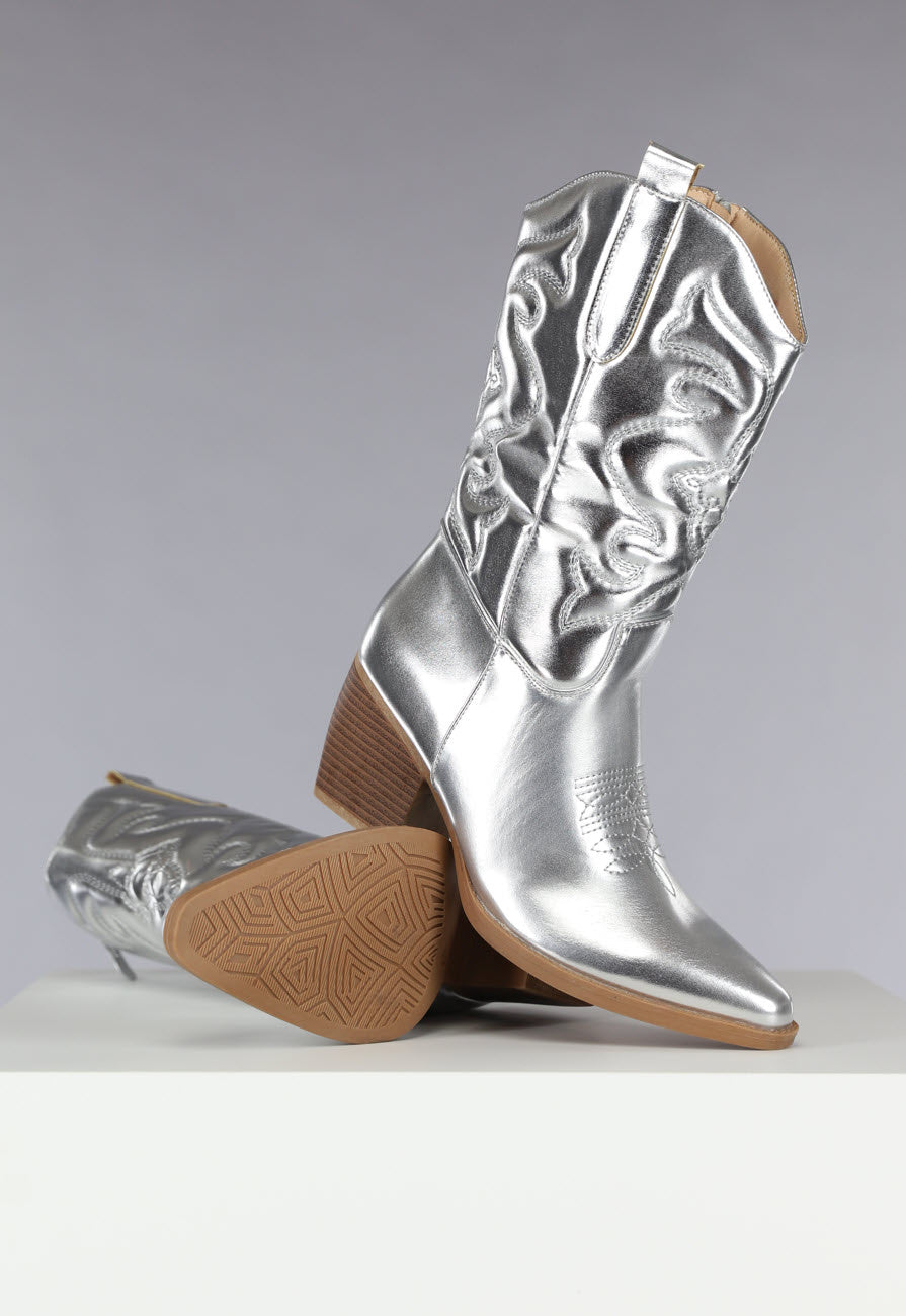 Zilveren Metallic Cowboylaarsjes met Stiksels
