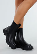Zwarte Lederlook Enkelboots met Chunky Zool en Zijrits