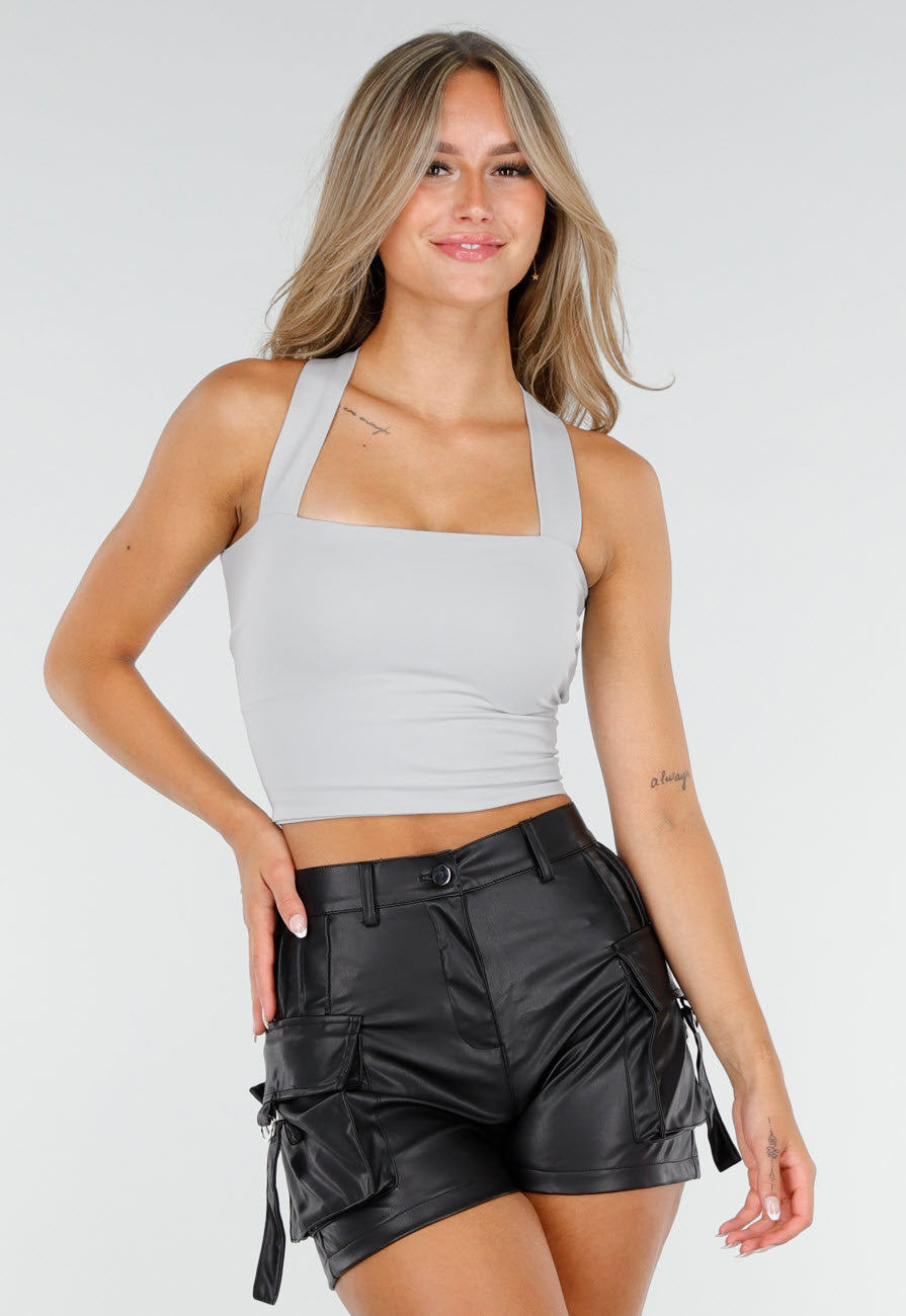 Grijze Cropped Top met Kruisbanden en Striksluiting Achter