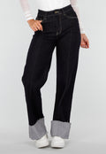 NEW020926 Donkerblauwe Denim Stretch Jeans met Straight Leg en Brede Omslag