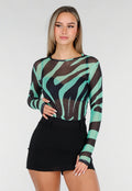 Groene Mesh Top met Zebraprint en Lange Mouwen