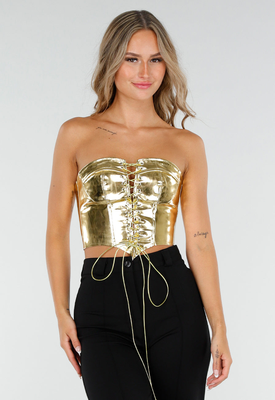 Metallic Gouden Korset Top met Rijgwerk