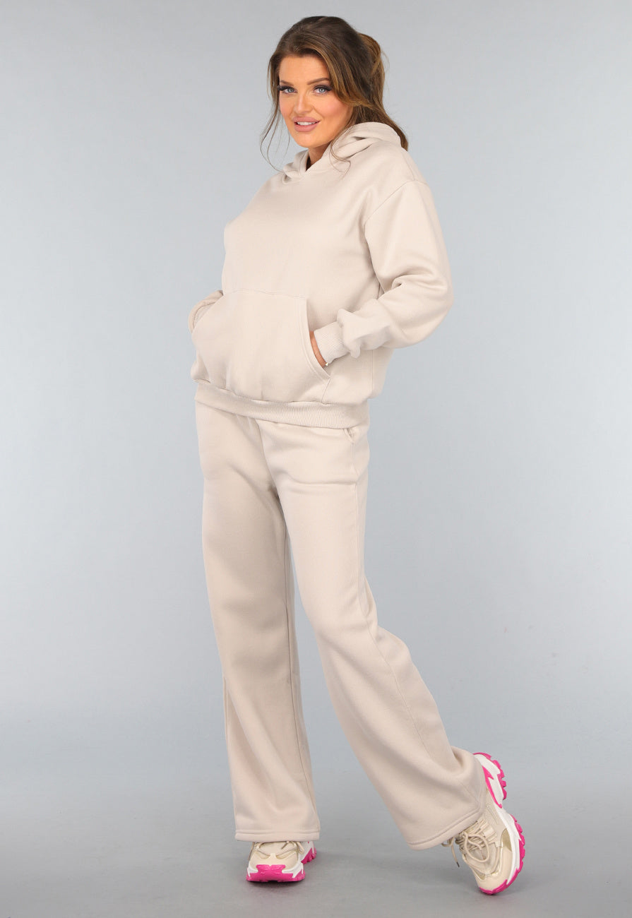 Beige Hoodie Set met Wijduitlopende Broek