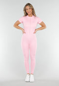 Roze Stretch Sport Jumpsuit met Ritssluiting en Korte Mouwen