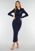 Navy Midi Jurk met Lange Mouwen en Goudkleurige Ringdetail