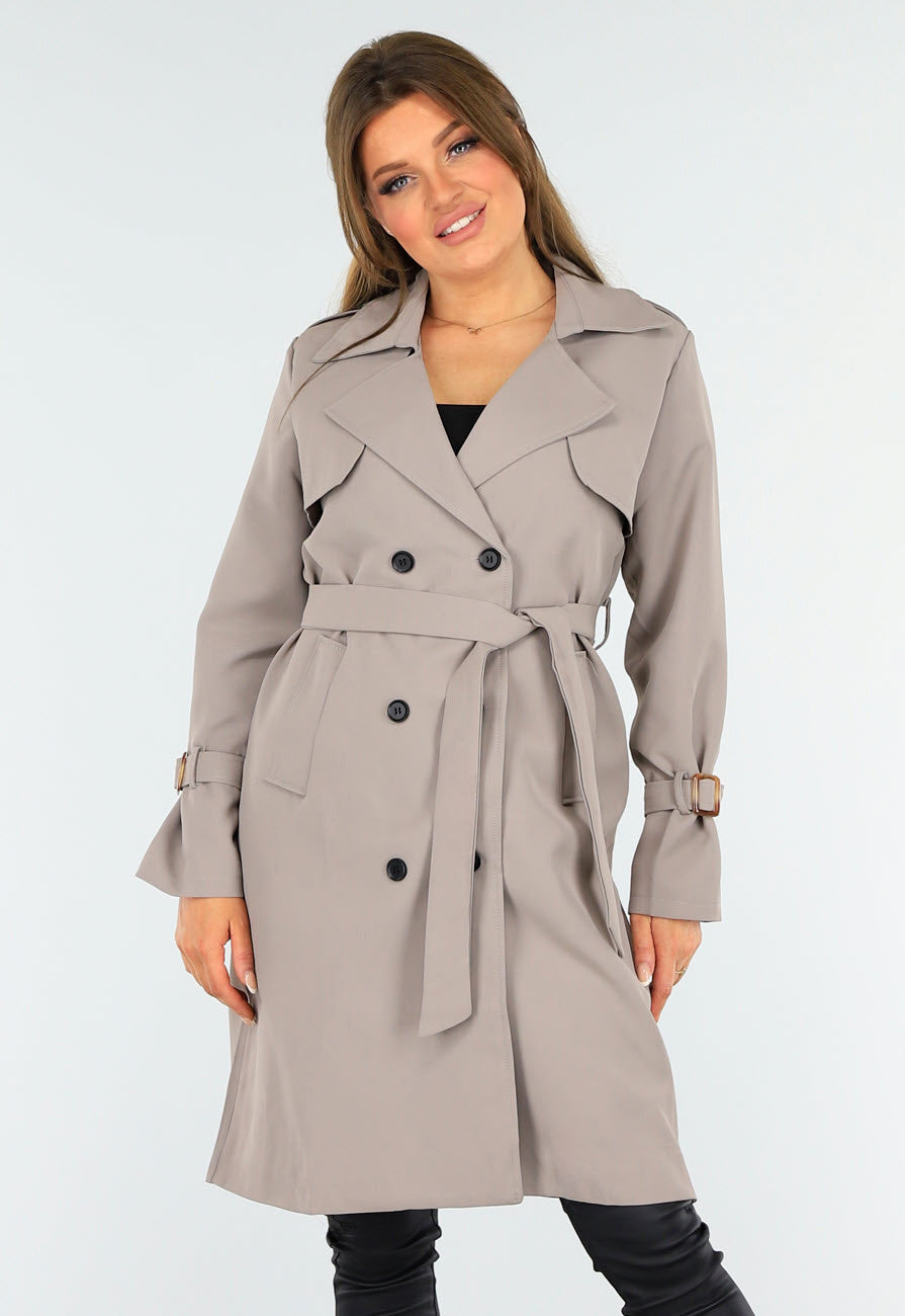 Taupe Trenchcoat met Knoopsluiting en Gespjes