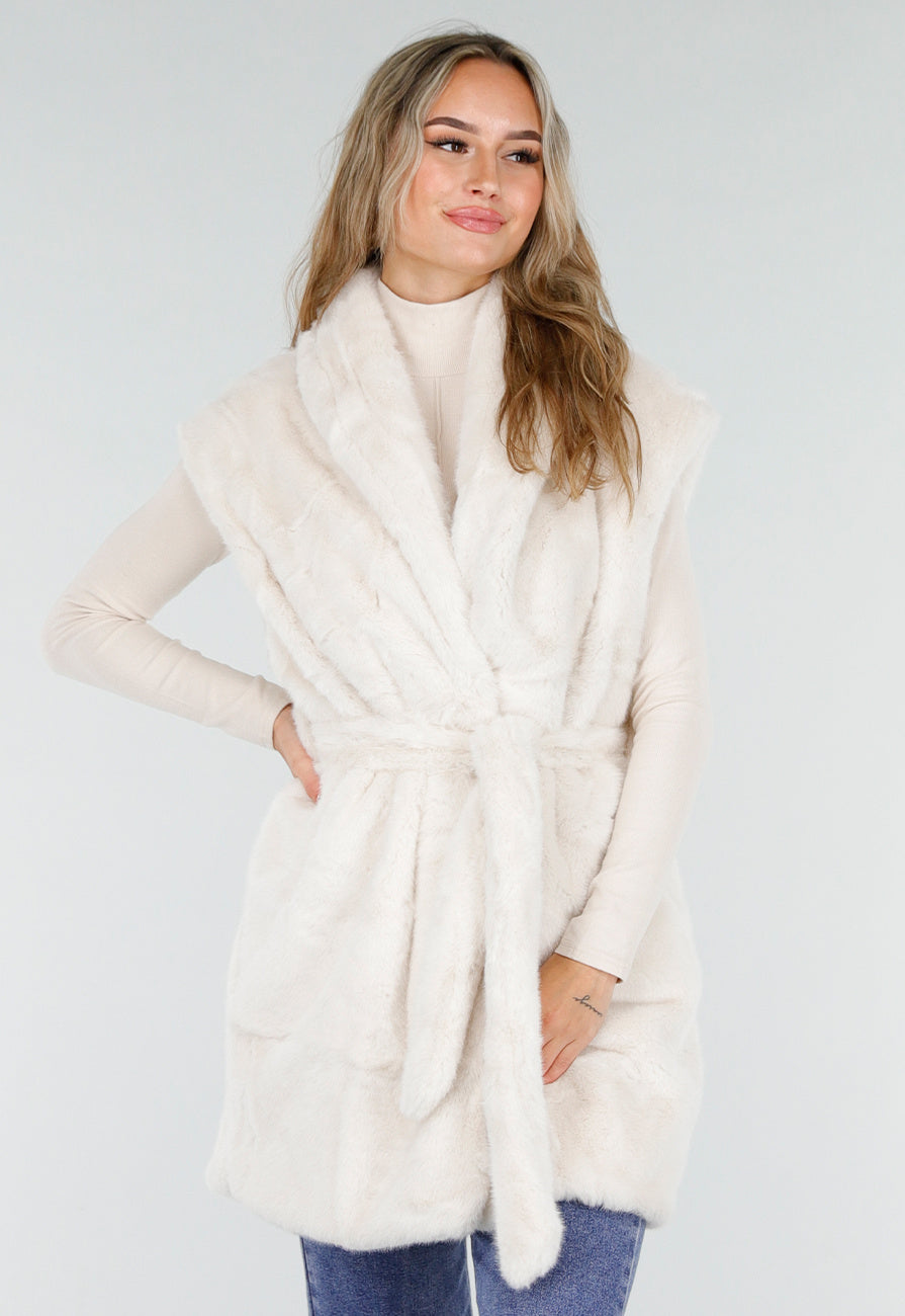 Crèmekleurige Faux Fur Bodywarmer met Ceintuur