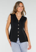 Zwarte Mouwloze Top met Goudkleurige Knopen en Strik
