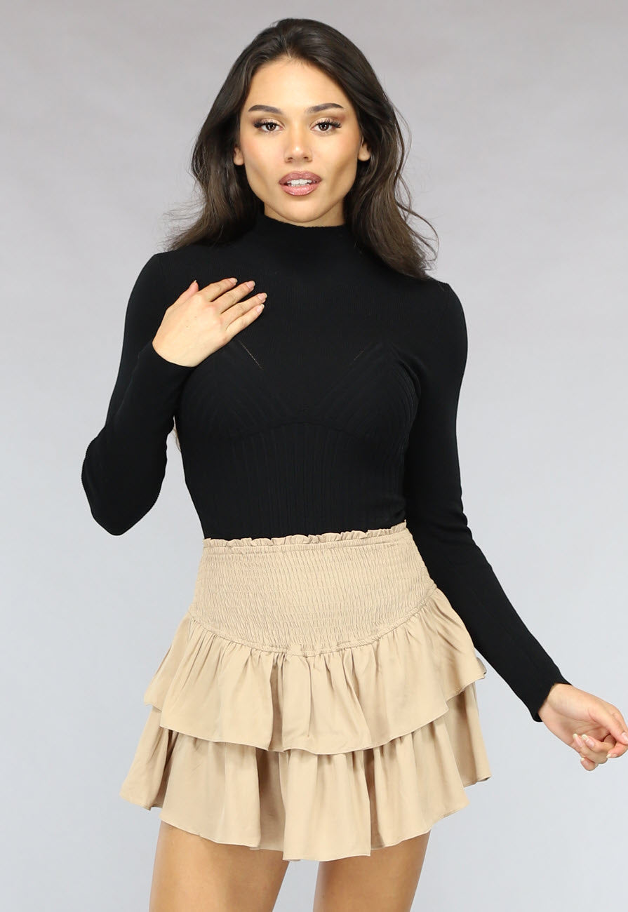Zwarte Ribgebreide Turtleneck Bodysuit met Lange Mouwen