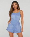 Lichtblauwe Denim Playsuit met Open Rug en Bandjes