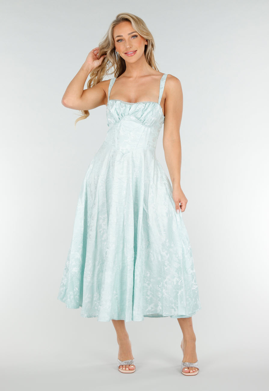 Mintgroene Midi Jurk met Brede Bandjes en Licht Glanzend Motief