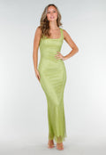 Groene Lange Glitter Jurk met Strass Steentjes en Lage Rug