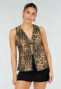 Bruine Denim Leopard Print Top met Striksluiting en Mouwloos Model