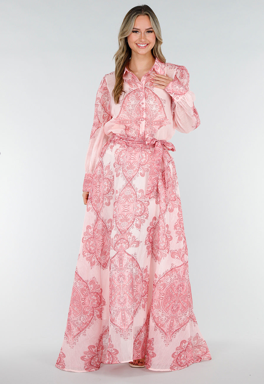 Roze Maxi Rok met Paisley Print en Strikceintuur