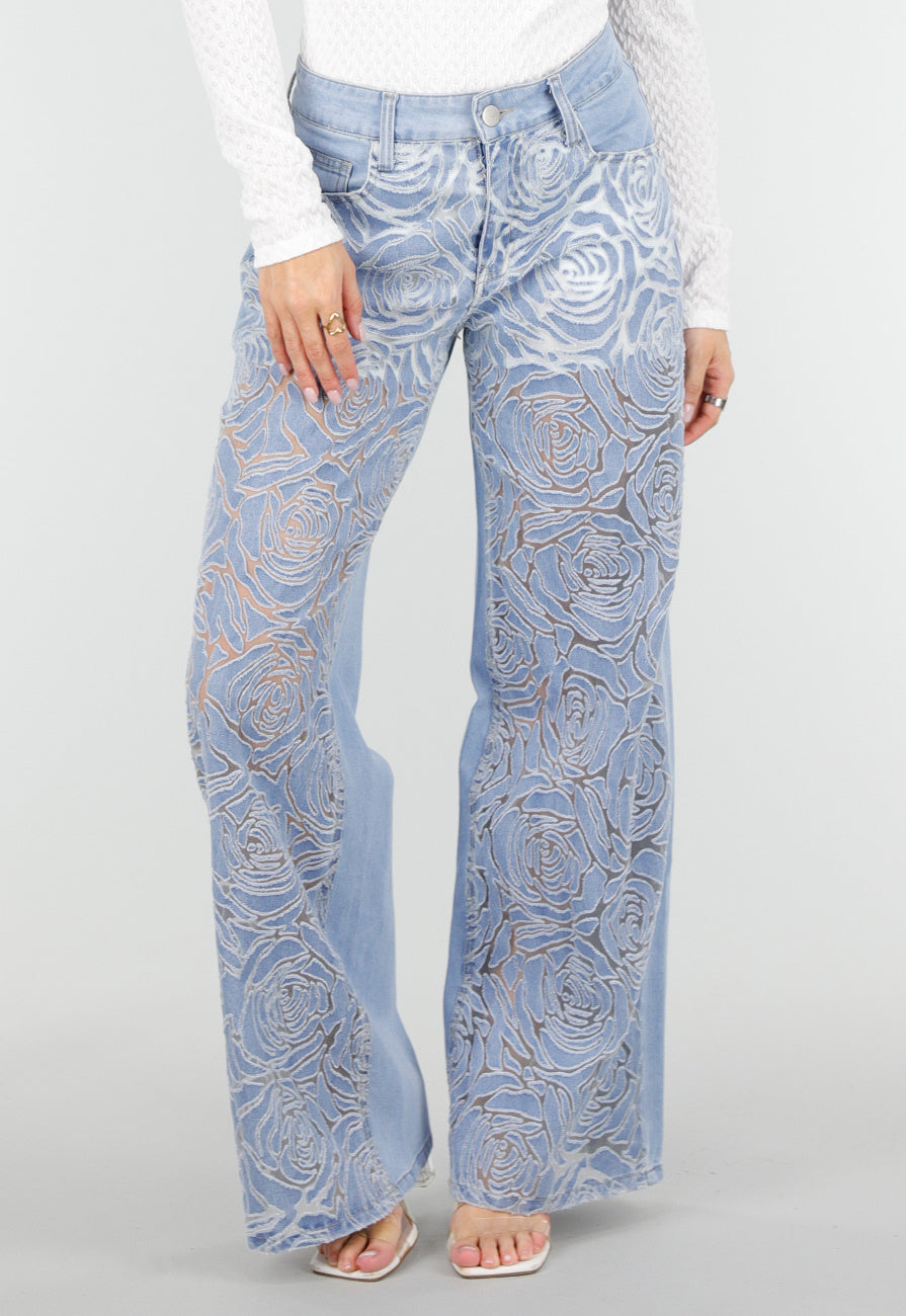 Lichtblauwe Wide Leg Jeans met See-Through Bloemenprint en Stretch