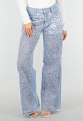 Lichtblauwe Wide Leg Jeans met See-Through Bloemenprint en Stretch