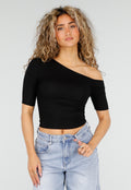 Zwarte Lyocell One Shoulder Stretch Top