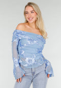 Blauwe Off Shoulder Mesh Top met Bloemen