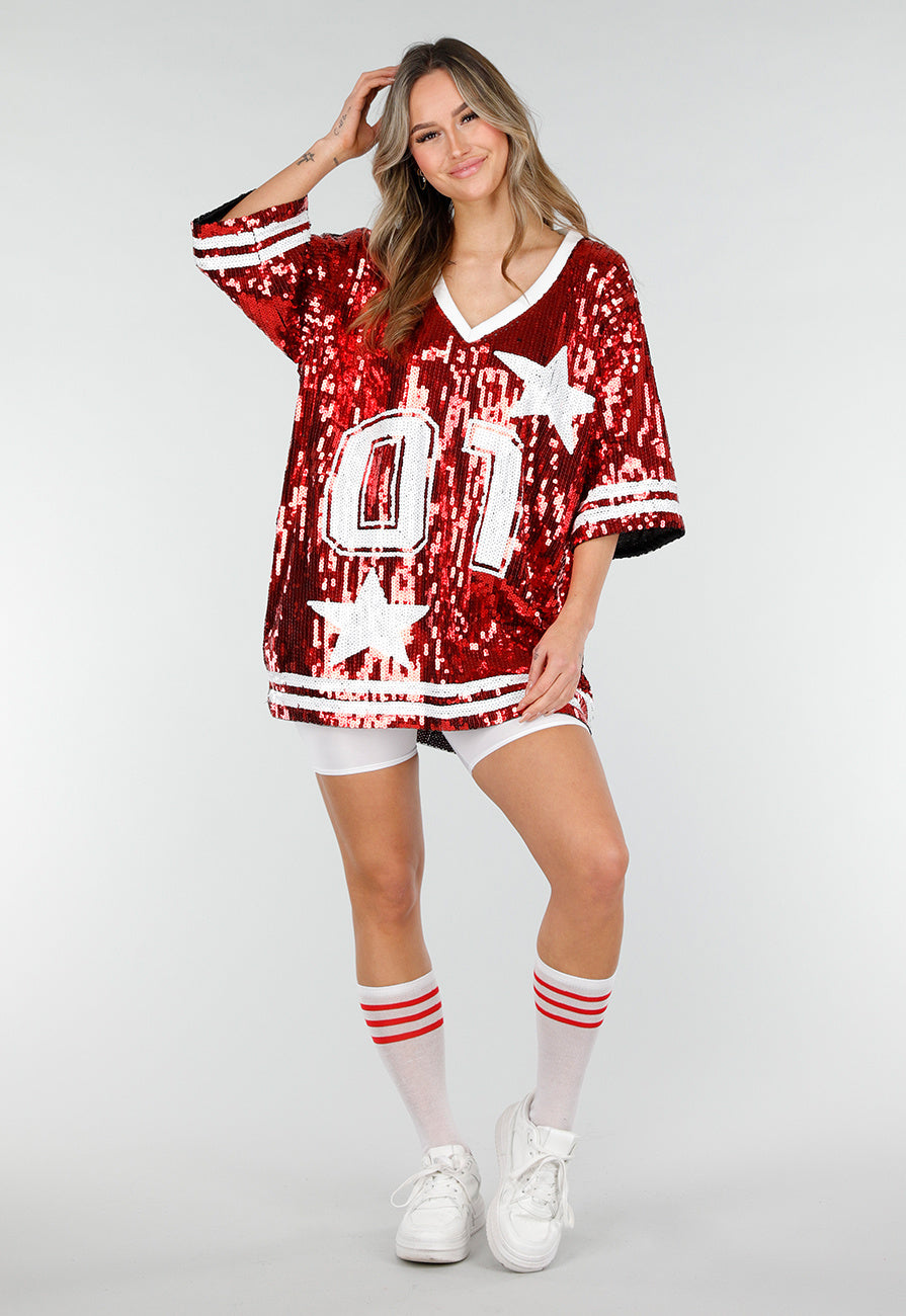 Rode Oversized Pailletten Jersey Top met V Hals