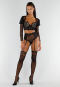 Zwarte Kanten Lingerieset met Lange Mouwen Hoge Taille Jarretelgordel