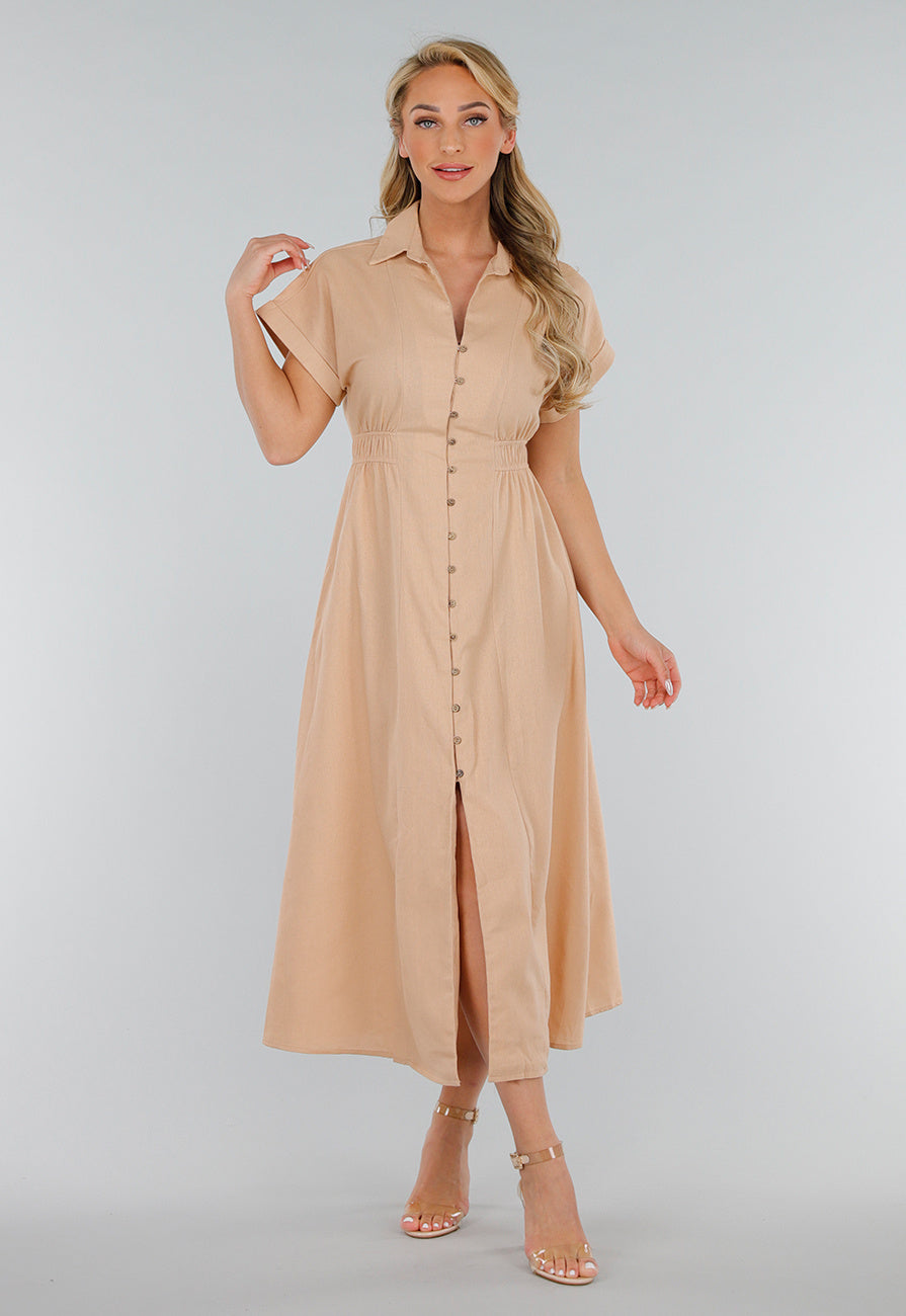 Beige Linnenlook Midi Jurk met Kraag en Knopen