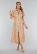 Beige Linnenlook Midi Jurk met Kraag en Knopen