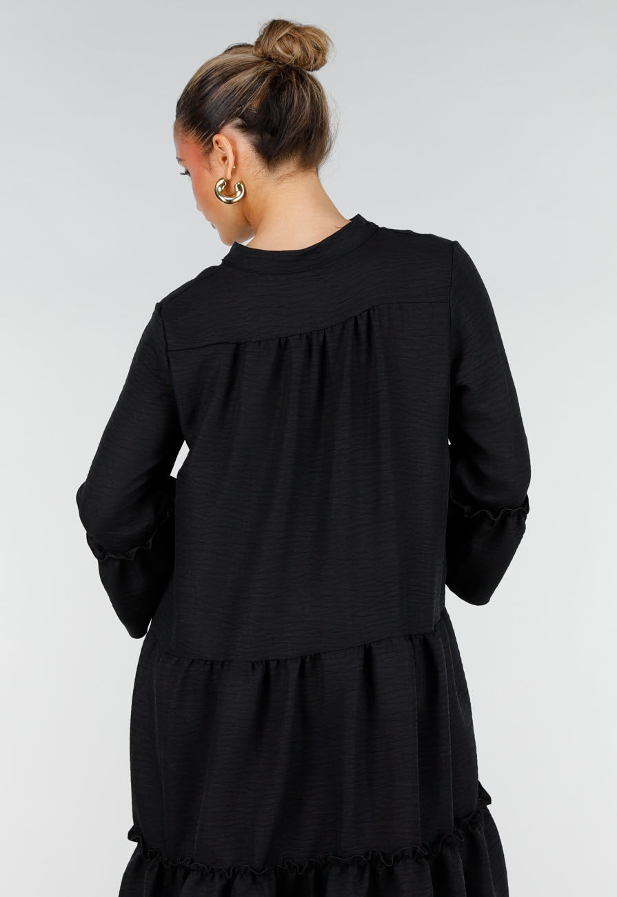 Zwarte Midi Jurk met V-Hals en Ruffle Details