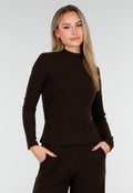 Bruine Zachte Stretch Top met Col en Lange Mouwen