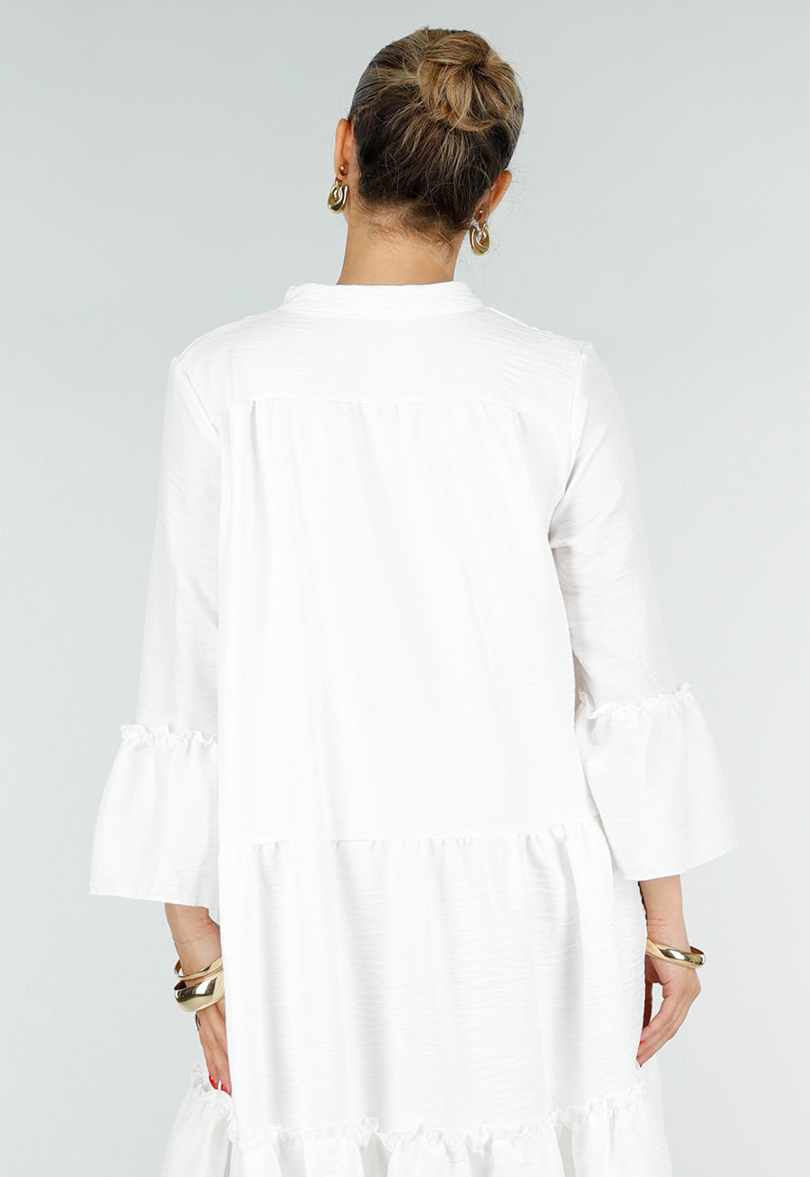 Witte Midi Jurk met V-hals en Ruffle Details
