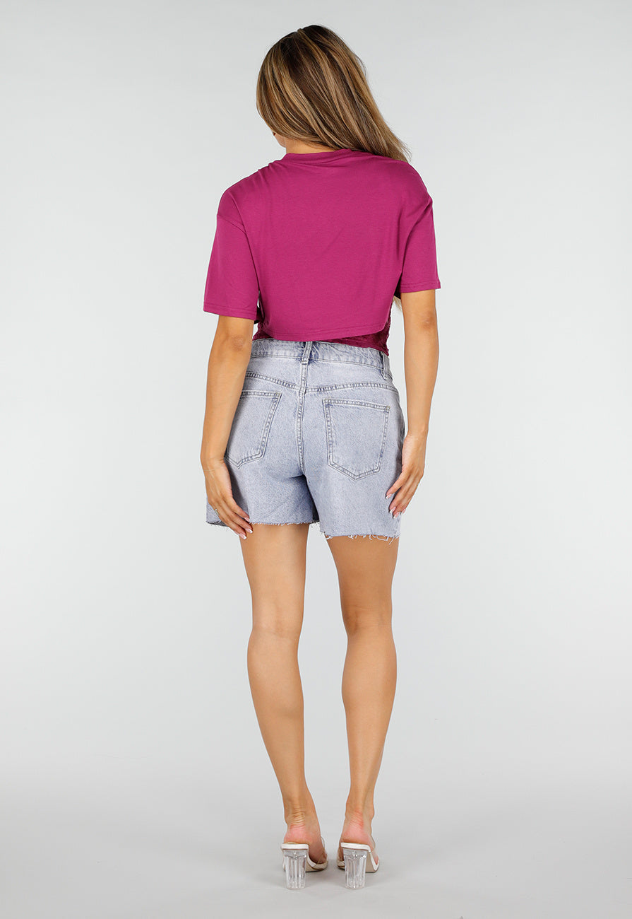 NEW190826 Paarse Crop Top met Kanten Taille en Korte Mouwen
