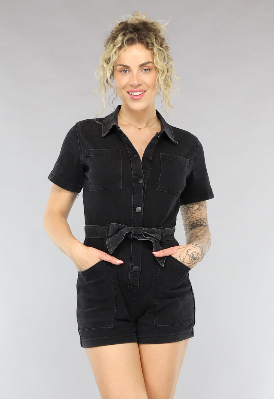 Zwarte Denim Playsuit met Ceintuur