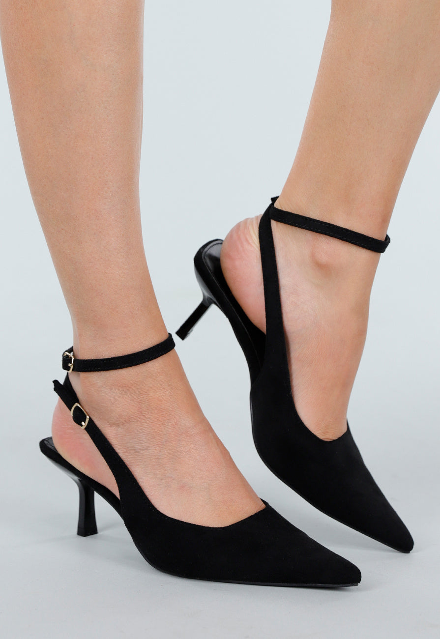 Zwarte Suède-Look Pumps met Enkelsluiting en Lage Hak