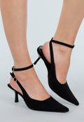 Zwarte Suède-Look Pumps met Enkelsluiting en Lage Hak