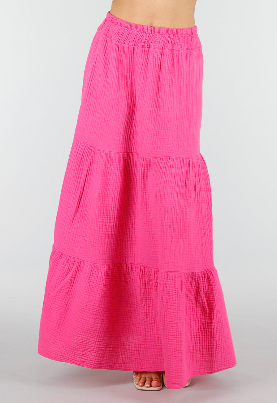 Roze Mousseline Maxi Rok met Elastische Taille