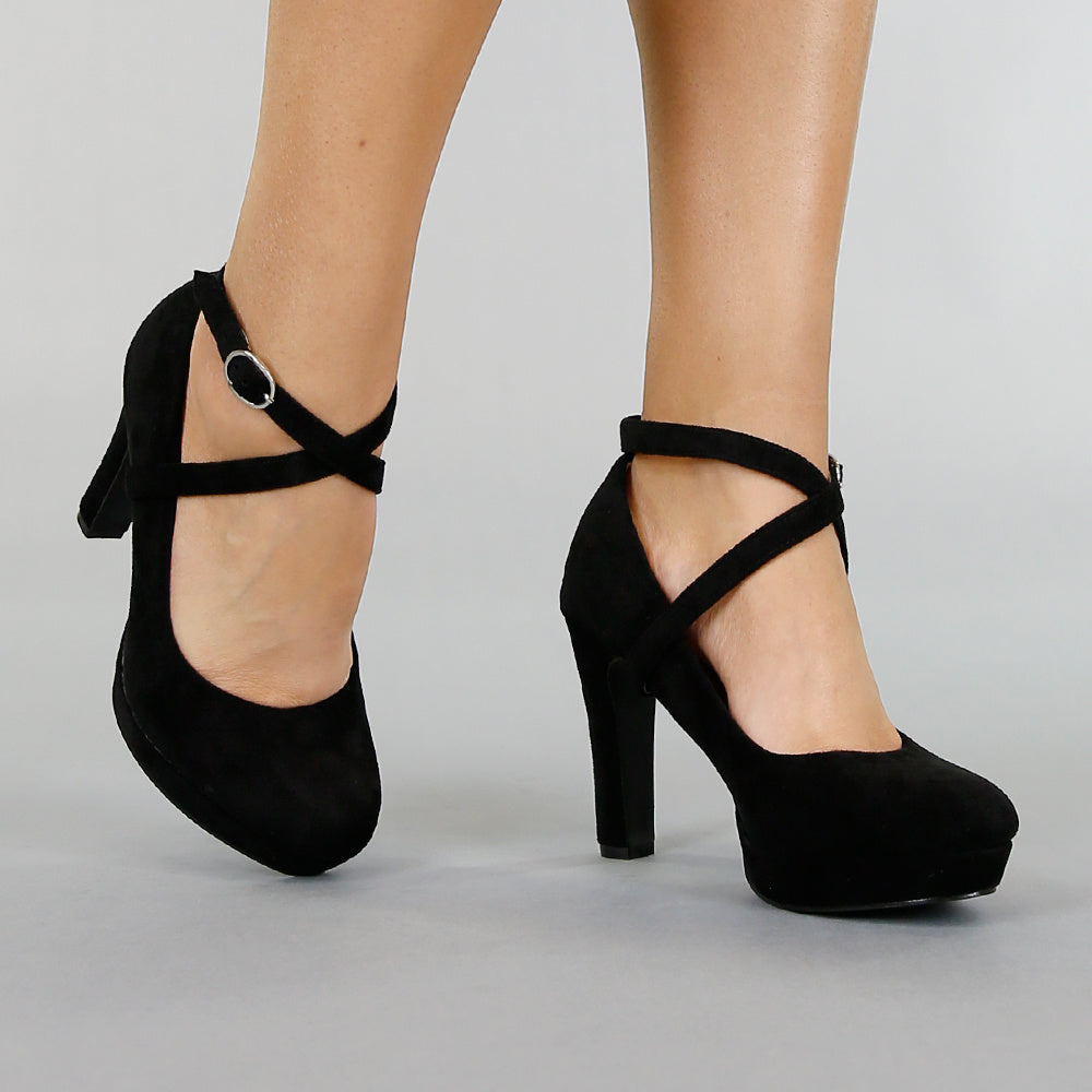 Zwarte Suède-Look Pumps met Enkelbandje